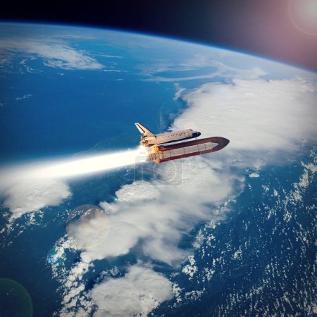 Rocket flying above the earth in space. The elements of this image furnished by NASA