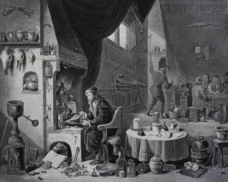 Chemist by David Teniers engraved in a vintage book Picture Galleries of Europe, edition of M.S. Wolf, vol. 1, 1862, St. Petersbur