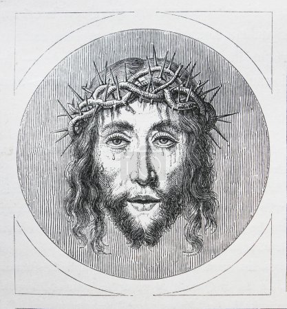 Foto de Retrato de Jesucristo de Quentin Matsys grabado en un libro de época Historia de los pintores, autor Jules Benouard, 1864, Pari - Imagen libre de derechos