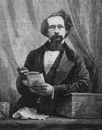 Foto de Charles Dickens fue un escritor y crítico social inglés en el viejo libro The History essays, de P. Kogan, 1911, Moscú, vol. 12. - Imagen libre de derechos