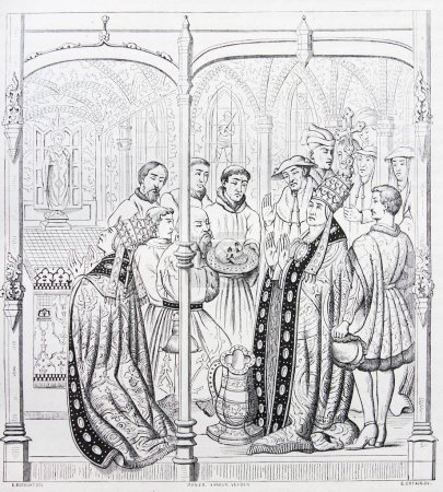 Photo for The Pope Gregoire The Great receives head of the Emperor Trajan by Roger van der Weyden engraved in a vintage book History of Painters, author Jules Benouard, 1864, Pari - Royalty Free Image