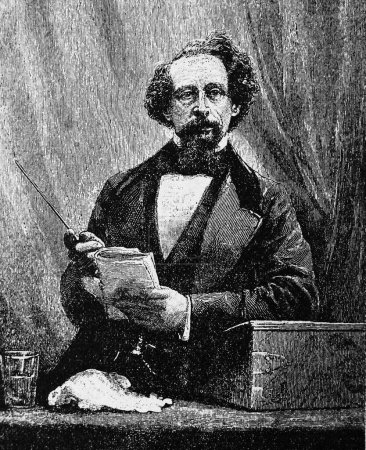 Foto de Charles Dickens fue un escritor inglés y crítico social en el viejo libro The History essays, de V.M. Friche, 1908, Moscú - Imagen libre de derechos