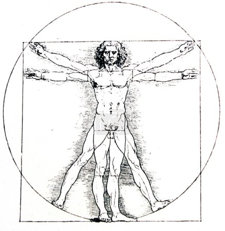Foto de Vetruviano humano, Medidas del cuerpo humano por Leonardo da Vinci, ilustrado en un libro vintage, Leonard de Vinci, Eugene Muntz, 1899, Pari - Imagen libre de derechos