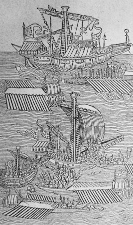 Foto de Battle between Turkish and Crusader ships in the old book the History of culture, por V.V.Bitner, 1906, S.Petersburg, vol. 23 - Imagen libre de derechos