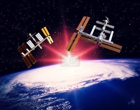 Foto de Naves espaciales sobre la hermosa tierra. Los elementos de esta imagen proporcionados por la NASA - Imagen libre de derechos
