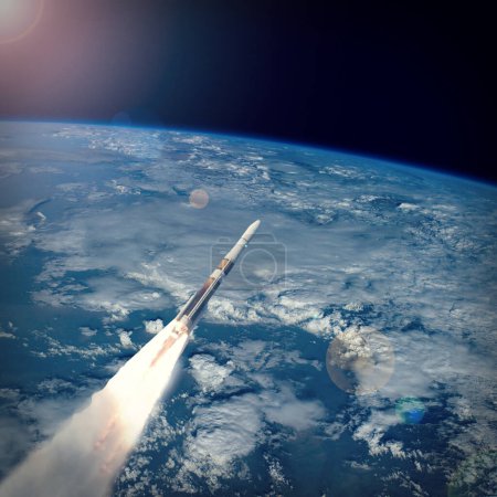 Téléchargez les photos : Fusée volant au-dessus de la terre dans l'espace. Les éléments de cette image fournis par la NASA - en image libre de droit