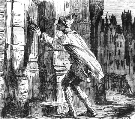Foto de Un hombre llama a la puerta en el viejo libro Encyclopediana D 'Anecdotes, de Laisne, 1857, París - Imagen libre de derechos