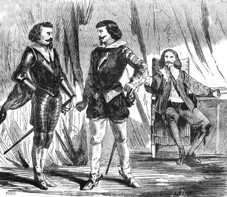 Deux mousquetaires discutent de quelque chose dans l'ancien livre L'Encyclopédie d'Anecdotes, par Laisne, 1857, Paris