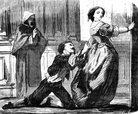 Foto de El hombre ruega a la mujer en el viejo libro Encyclopediana D 'Anecdotes, de Laisne, 1857, París - Imagen libre de derechos