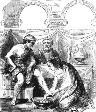 Esclave lave les pieds du maître dans l'ancien livre L'Encyclopédie d'Anecdotes, par Laisne, 1857, Paris