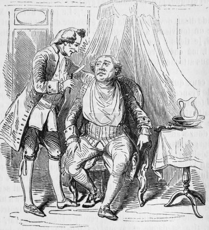 Foto de Peluquero cerca de un hombre en el viejo libro Encyclopediana D 'Anecdotes, de Laisne, 1857, París - Imagen libre de derechos