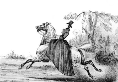 A horse gallops and its rider in the old book Equitation des Dames by Aubert, 1842, Paris