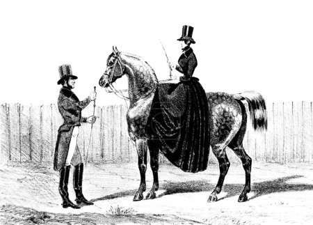 Foto de Jinete delante del jinete a caballo en el viejo libro Equitation des Dames de Aubert, 1842, París - Imagen libre de derechos