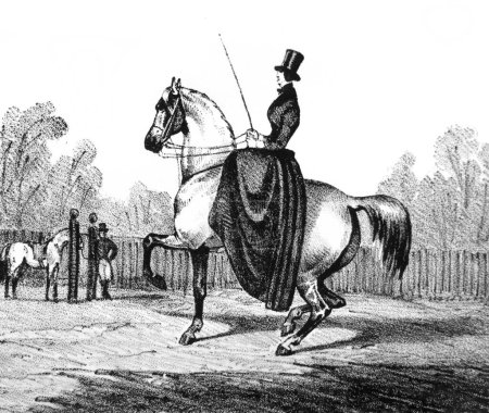Téléchargez les photos : Cavalier dans le vieux livre Equitation des Dames d'Aubert, 1842, Paris - en image libre de droit