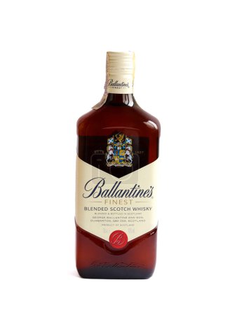 Photo for Kyiv, Ukraine - March 25, 2023: A bottle of Ballantine's Finest blended scotch whisky isolated on white background. Free space for your text. - Royalty Free Image