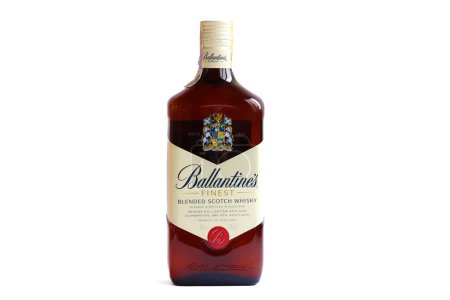 Photo for Kyiv, Ukraine - March 25, 2023: A bottle of Ballantine's Finest blended scotch whisky isolated on white background. Free space for your text. - Royalty Free Image