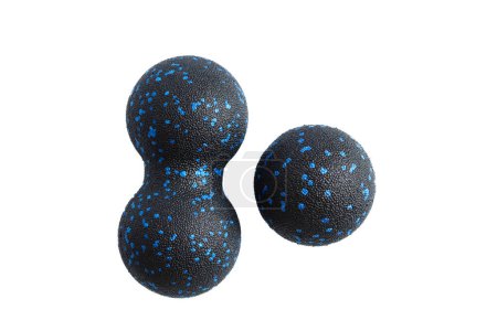 Photo for Massage set: A black blue ball and mfr double ball isolated on a white background. Close-up. Foam rolling is a self myofascial release technique. Concept of fitness equipment. - Royalty Free Image