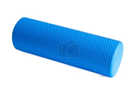 Photo for A blue massage foam roller isolated on a white background. Close-up. Foam rolling is a self myofascial release technique. Concept of fitness equipment. - Royalty Free Image