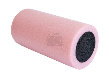 Photo for A pink black massage foam roller isolated on a white background. Close-up. Foam rolling is a self myofascial release technique. Concept of fitness equipment. - Royalty Free Image