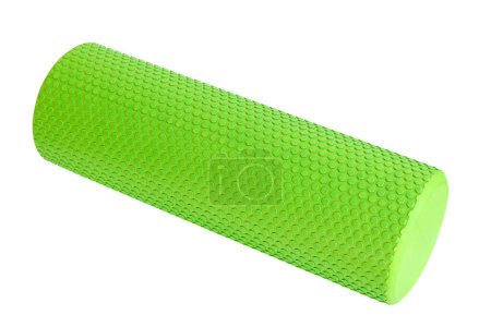 Photo for A green massage foam roller isolated on a white background. Close-up. Foam rolling is a self myofascial release technique. Concept of fitness equipment. - Royalty Free Image