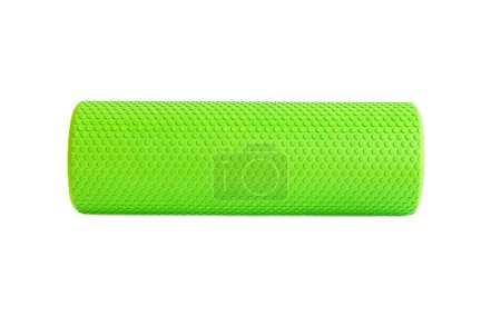 A green massage foam roller isolated on a white background. Close-up. Foam rolling is a self myofascial release technique. Concept of fitness equipment.