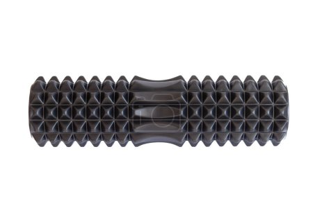 A black massage foam roller and isolated on a white background. Close-up. Foam rolling is a self myofascial release technique. Concept of fitness equipment.