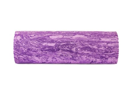 Photo for A purple massage foam roller isolated on a white background. Close-up. Foam rolling is a self myofascial release technique. Concept of fitness equipment. - Royalty Free Image