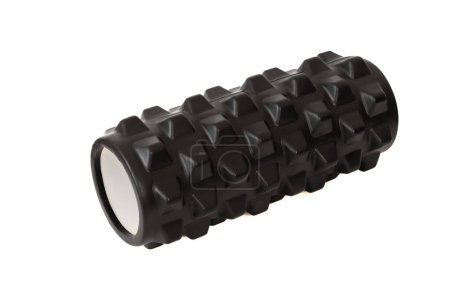 Photo for A black massage foam roller and isolated on a white background. Close-up. Foam rolling is a self myofascial release technique. Concept of fitness equipment. - Royalty Free Image