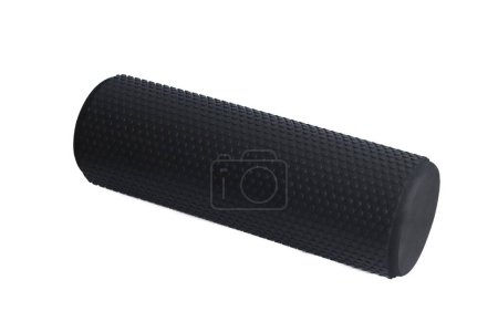 Photo for A black massage foam roller isolated on a white background. Close-up. Foam rolling is a self myofascial release technique. Concept of fitness equipment. - Royalty Free Image