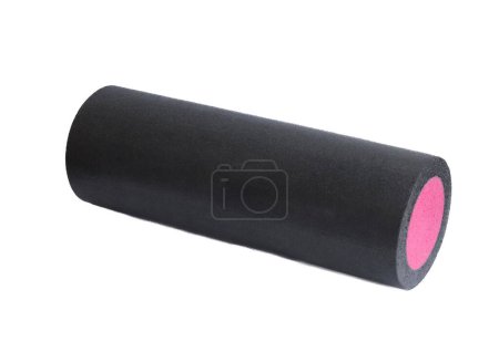 Photo for A black massage foam roller isolated on a white background. Close-up. Foam rolling is a self myofascial release technique. Concept of fitness equipment. - Royalty Free Image