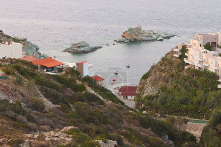 Crete, Greece - September 24, 2023: The beach of Made near famous resort of Agia Pelagia, Lygaria, Heraklion, Crete, Greece.