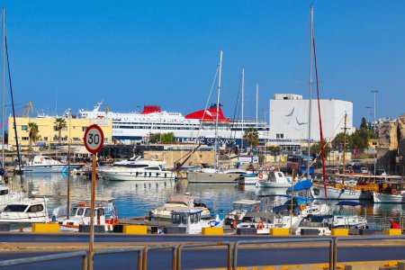 Panorama of Old harbour with fishing boats and marina, Heraklion, Crete, Greece.
