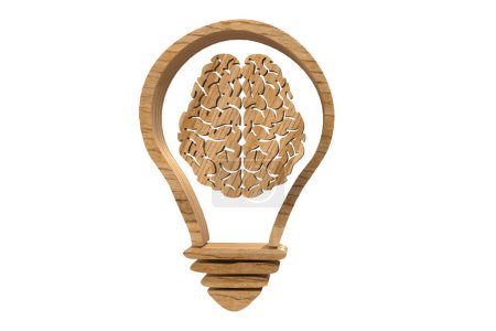 Téléchargez les photos : Ampoule en bois avec signe cérébral sur fond blanc - en image libre de droit