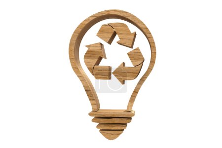 Téléchargez les photos : Ampoule en bois avec flèche de recyclage Panneau sur fond blanc - en image libre de droit