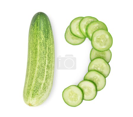 Photo for Whole cucumber with slices isolated on white background. - Royalty Free Image