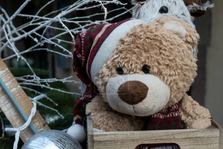 Photo for Closeup of decorative teddy  bear for christmas decorations in the street - Royalty Free Image