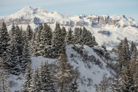 Téléchargez les photos : Station Civetta. Vue panoramique sur les montagnes des Dolomites en hiver, Italie. Station de ski à Dolomites, Italie. Vue aérienne par drone des pistes de ski et des montagnes dans les dolomites. - en image libre de droit