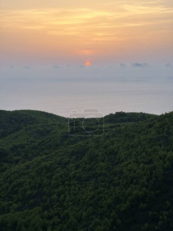 Coucher de soleil pins, oliveraies et vue sur la mer sur une île grecque. Coucher de soleil méditerranéen du point de vue d'Agalas. Assis et regardant le coucher du soleil à Zakynthos, Grèce. 
