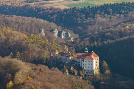 Téléchargez les photos : Château historique Pieskowa Skala près de Cracovie en Pologne. Vue aérienne en été. Vue aérienne par drone du château de Pieskowa Skala, parc national d'ojcow, Pologne. - en image libre de droit
