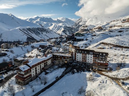 Photo for Aerial drone view of Gudauri ski resort in winter. Caucasus mountains in Georgia. Gudauri Village Panorama With Ski Resort Background From Aerial Perspective - Royalty Free Image