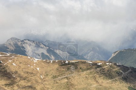 Winter mountains beautiful alpine panoramic. Aerial drone view of  French Alps Mountains glacier near Grenoble. Europe alps in winter. Les deux alpes resort. Mountains aerial snow winter view.
