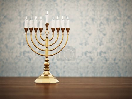 Foto de Velas Hanukkah sobre mesa de madera contra fondo de pantalla vintage. Ilustración 3D. - Imagen libre de derechos