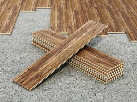 Laminated floor tiles installation. 3D illustration.