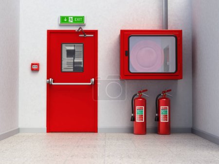 Brandausgangstür, Ausfahrtsschild, Notruftaste, Feuerlöscher und Feuerschrank. 3D-Illustration.