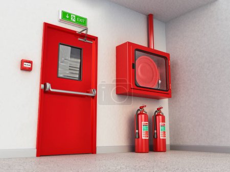 Fire exit door, exit sign, emergency fire button, extinguishers and fire cabinet. 3D illustration.