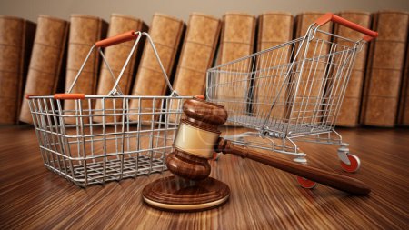 Gavel, shopping cart and basket. Consumer rights concept.3D illustration.