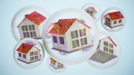 Houses inside floating bubbles. Real estate bubble concept. 3D illustration.