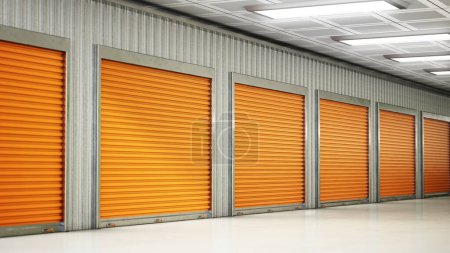 Self storage units with closed doors. 3D illustration.