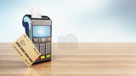 Máquina de punto de venta y tarjeta de crédito de pie sobre mesa de madera. Copia el espacio en el lado derecho. Ilustración 3D.