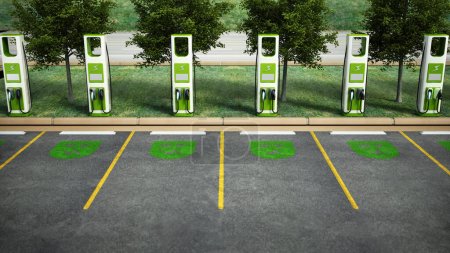 Téléchargez les photos : Borne de recharge de voiture électrique au parking. Technologies de transport futures et concept d'énergie propre. Illustration 3D. - en image libre de droit